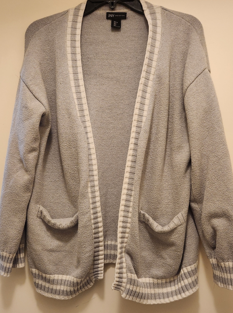 Jones New York Gray & Cream Open-Front Cardigan, Large